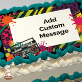 A colorful retro-themed illustration with a boombox, paint splatters, animal prints, and vibrant stripes in the background, printed on a photo sheet cake.