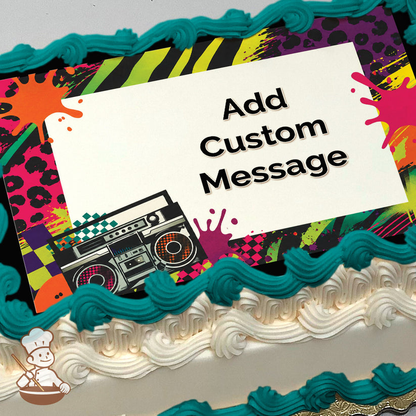 A colorful retro-themed illustration with a boombox, paint splatters, animal prints, and vibrant stripes in the background, printed on a photo sheet cake.