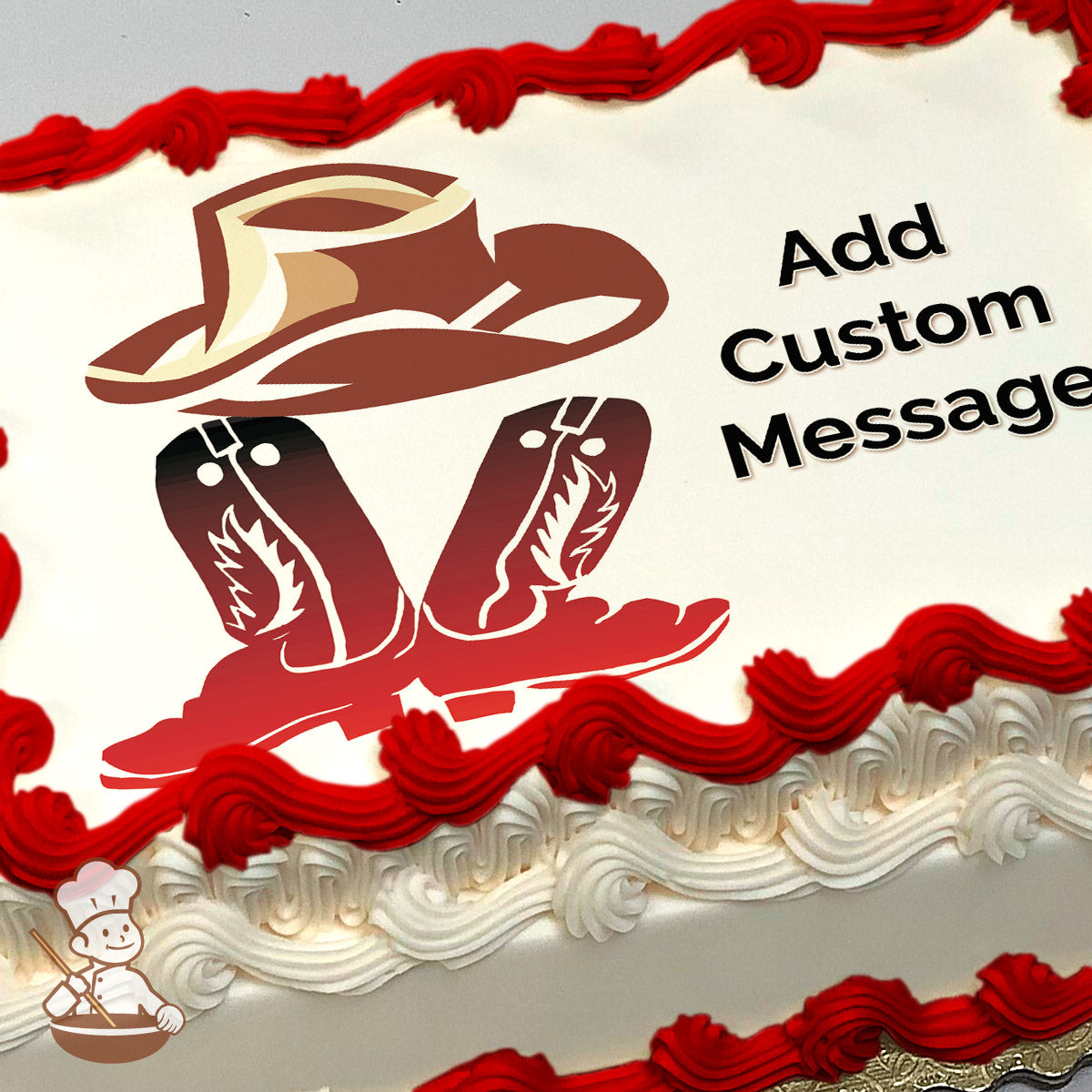 Illustration of a cowboy hat and boots with red accents on a white background, printed on a photo sheet cake.