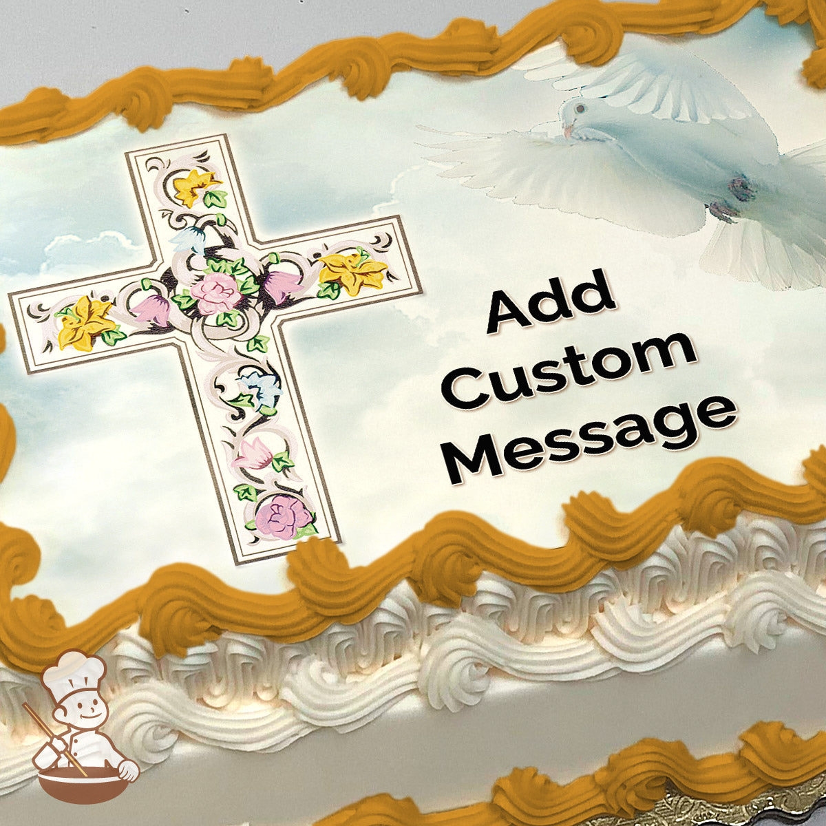 A floral cross illustration with pink, yellow, and green accents is set against a cloudy sky background with a white dove in flight. Printed on a sheet cake.