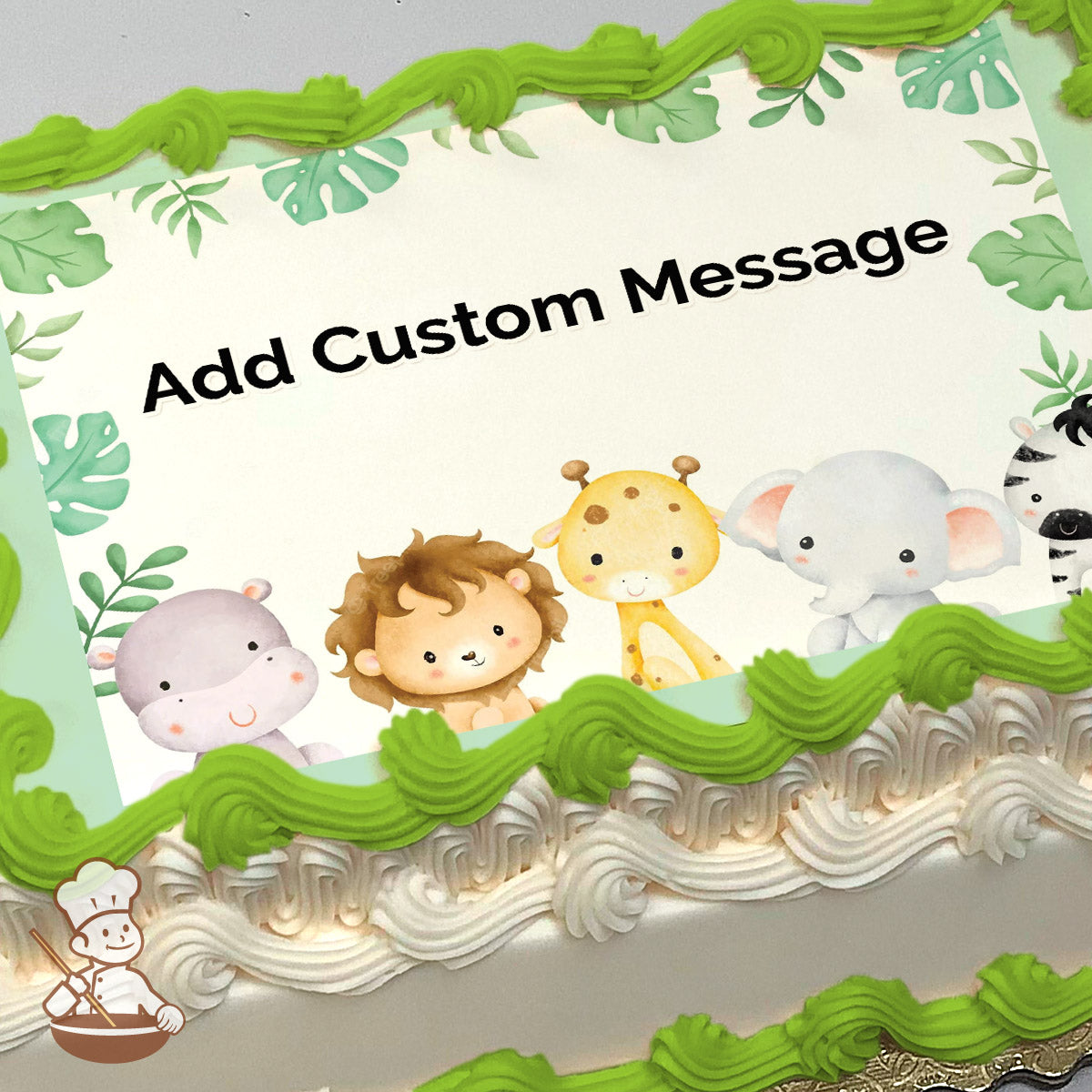 Cartoon animals including a lion, giraffe, elephant, hippo, and zebra are illustrated on a white background with green tropical leaves. Printed on a sheet cake.