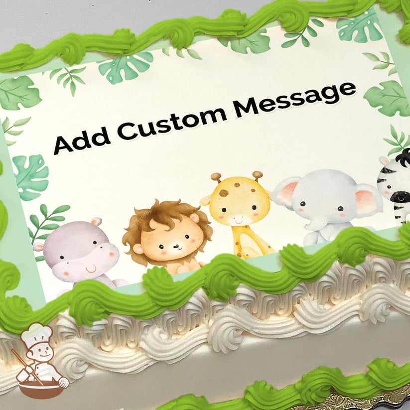 Cartoon animals including a lion, giraffe, elephant, hippo, and zebra are illustrated on a white background with green tropical leaves. Printed on a sheet cake.