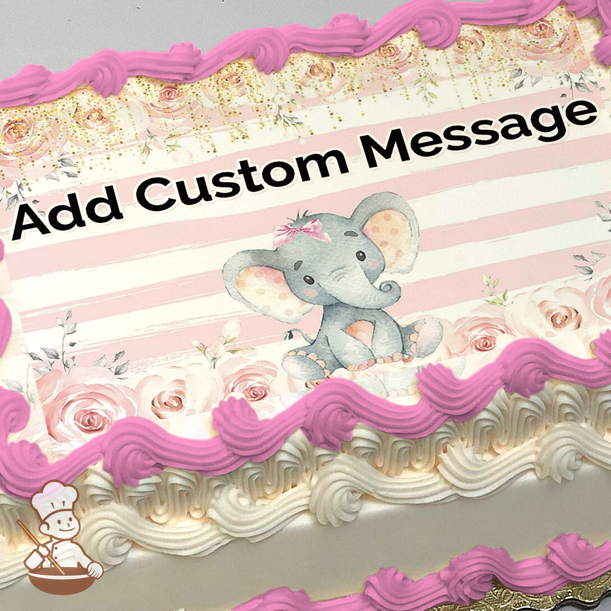 A cartoon baby elephant with a pink bow sits on a floral background of pink roses and gold accents over pale pink stripes. Printed on a sheet cake.