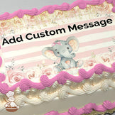 A cartoon baby elephant with a pink bow sits on a floral background of pink roses and gold accents over pale pink stripes. Printed on a sheet cake.