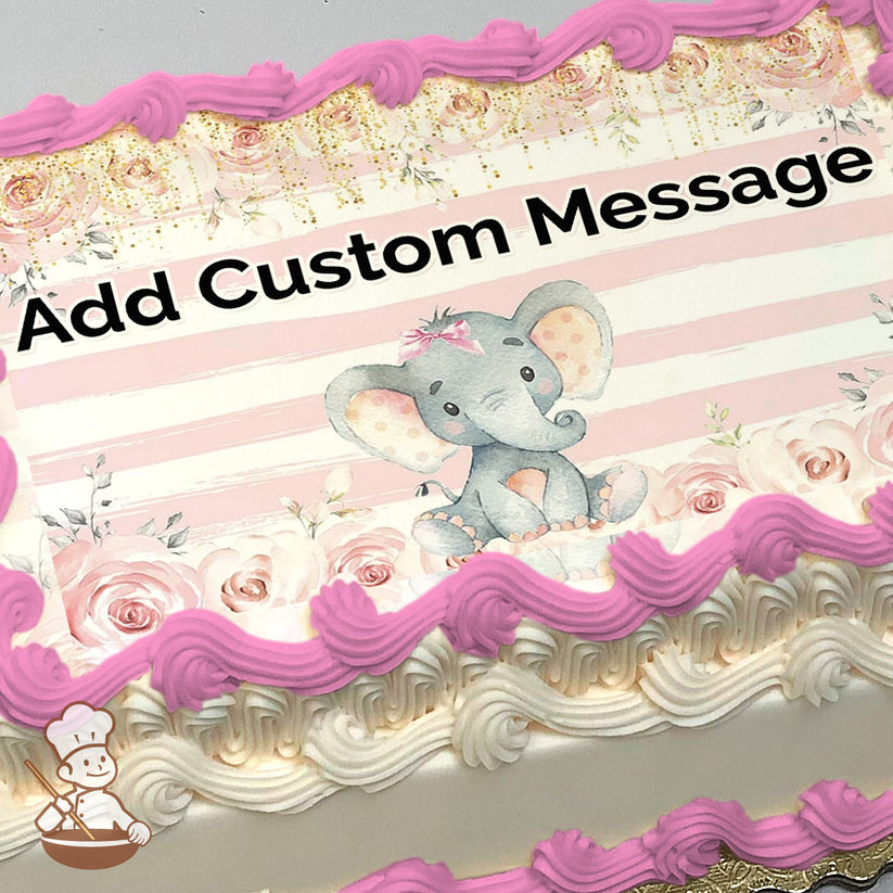 A cartoon baby elephant with a pink bow sits on a floral background of pink roses and gold accents over pale pink stripes. Printed on a sheet cake.