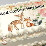 Illustration of a deer, fox, raccoon, and owl wearing flower crowns, surrounded by pink roses and green leaves on a white background, printed on a sheet cake.