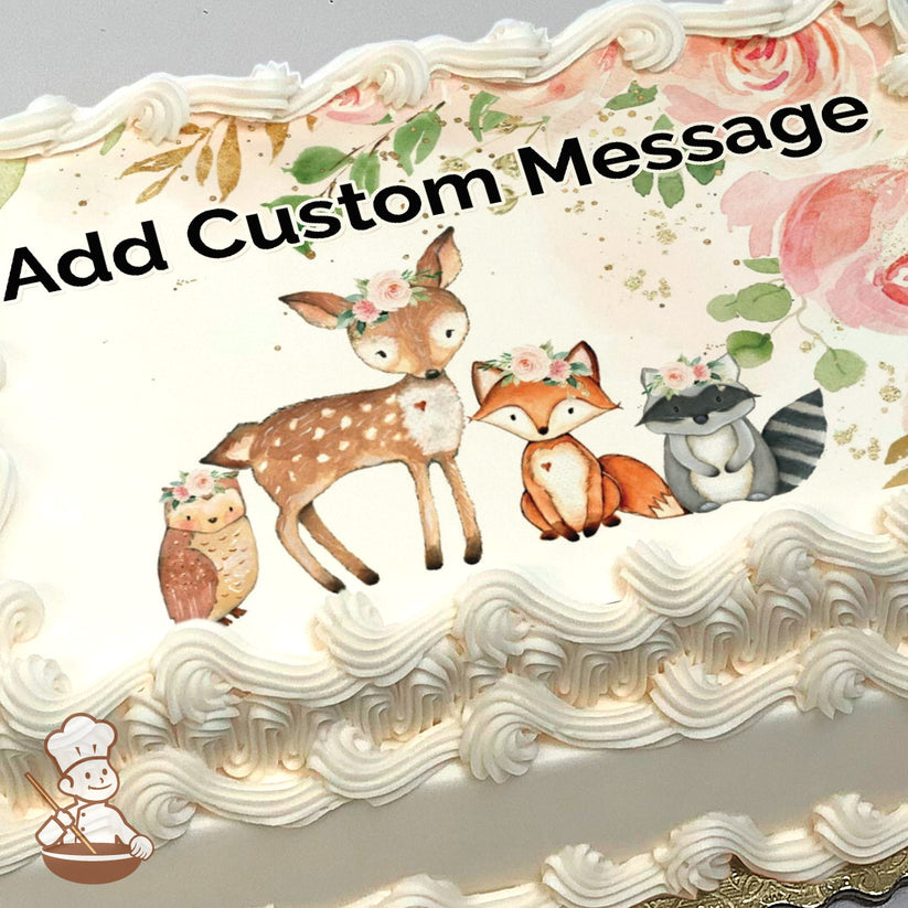 Illustration of a deer, fox, raccoon, and owl wearing flower crowns, surrounded by pink roses and green leaves on a white background, printed on a sheet cake.