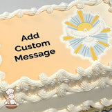 A white dove illustration with outstretched wings, surrounded by yellow and blue rays, set against a light peach background. Printed on a photo sheet cake.