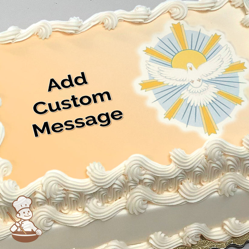 A white dove illustration with outstretched wings, surrounded by yellow and blue rays, set against a light peach background. Printed on a photo sheet cake.