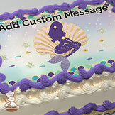 A glittery purple mermaid silhouette sits on a golden seashell, surrounded by small fish and starfish on a pastel underwater background, printed on a photo sheet cake.