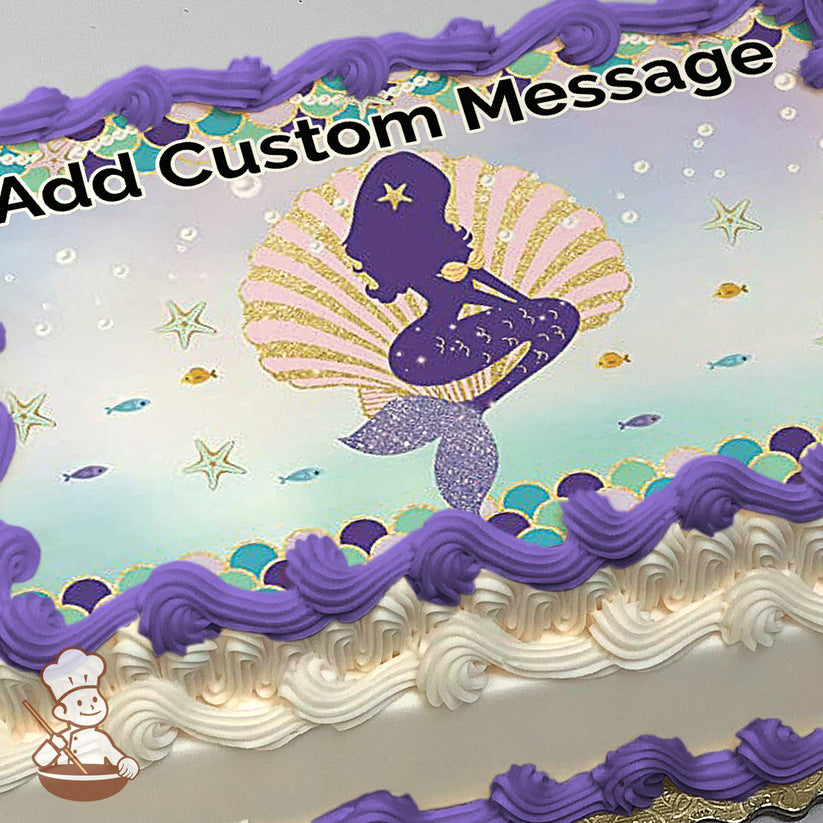 A glittery purple mermaid silhouette sits on a golden seashell, surrounded by small fish and starfish on a pastel underwater background, printed on a photo sheet cake.
