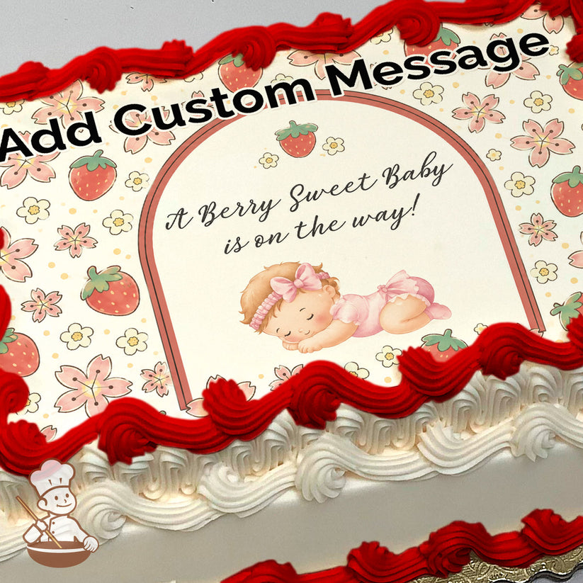 Illustration of a sleeping baby wearing a pink outfit and headband, surrounded by strawberries and flowers on a light background, printed on a photo sheet cake.