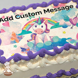 A cartoon unicorn with a rainbow mane sits on clouds under a colorful rainbow. The background features pastel clouds, butterflies, and stars. Printed on a sheet cake.