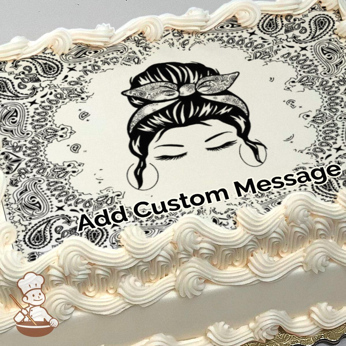 A black-and-white illustration of a woman's face with closed eyes, a bandana tied in her hair, and hoop earrings, surrounded by a paisley pattern background, printed on a photo sheet cake.