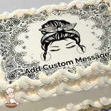 A black-and-white illustration of a woman's face with closed eyes, a bandana tied in her hair, and hoop earrings, surrounded by a paisley pattern background, printed on a photo sheet cake.
