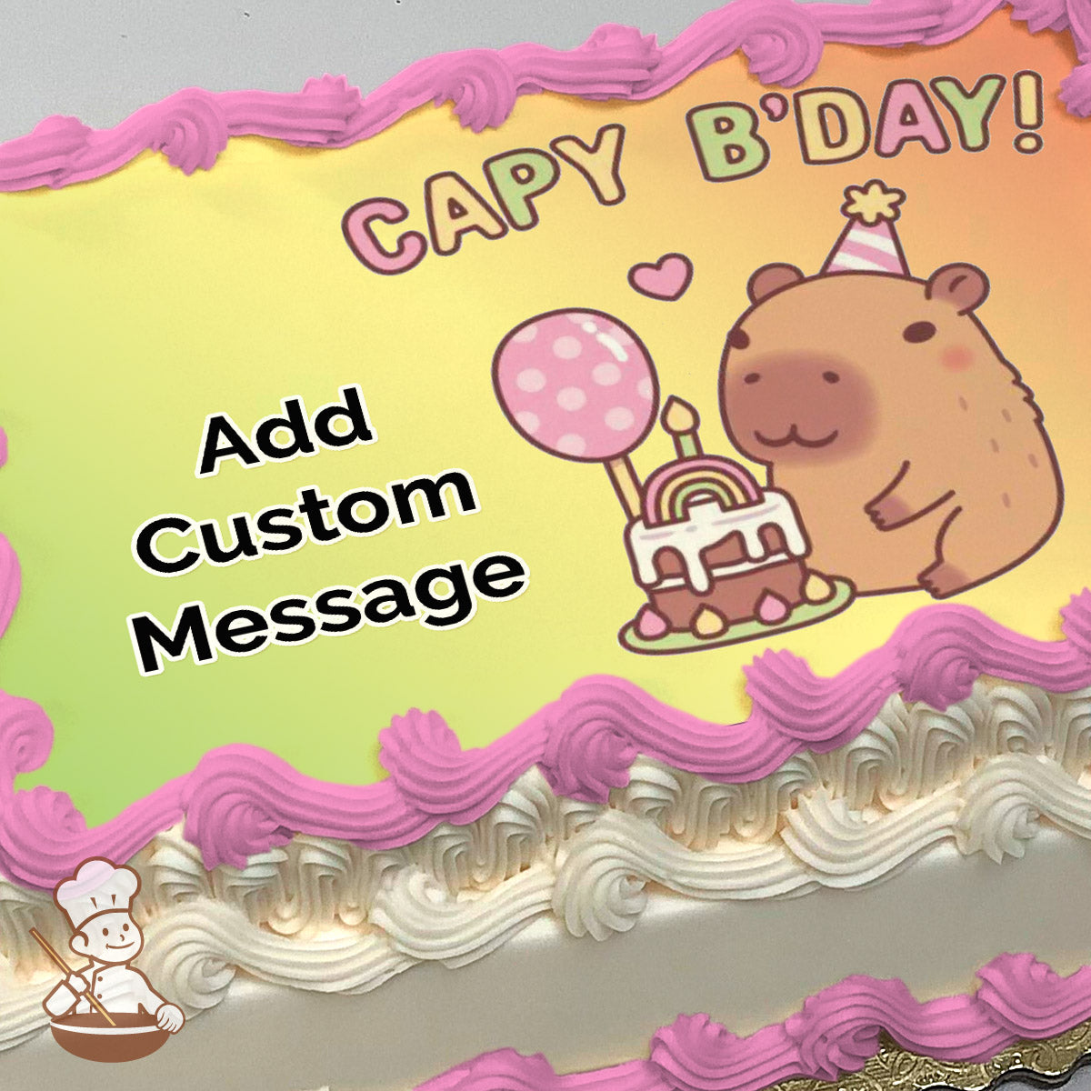 A cartoon capybara wearing a party hat sits beside a birthday cake with a rainbow and candles, a pink polka-dot balloon, and a heart. The background is a gradient of yellow and green. Printed on a photo sheet cake.