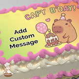 A cartoon capybara wearing a party hat sits beside a birthday cake with a rainbow and candles, a pink polka-dot balloon, and a heart. The background is a gradient of yellow and green. Printed on a photo sheet cake.