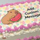 A cartoon capybara eating a slice of watermelon is centered on a pastel floral background. The image is printed on a photo sheet cake.