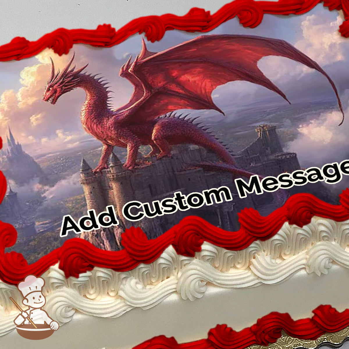 A red dragon with outstretched wings stands atop a medieval castle, overlooking a misty, mountainous landscape at sunrise. Printed on a photo sheet cake.