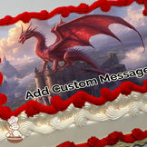 A red dragon with outstretched wings stands atop a medieval castle, overlooking a misty, mountainous landscape at sunrise. Printed on a photo sheet cake.
