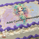 A cartoon mermaid with colorful hair and a green tail is centered on a pastel background with gold accents. Image printed on a sheet cake.