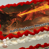 A fiery dragon breathing flames in a dark, smoky sky with glowing embers. The image is printed on a photo sheet cake.
