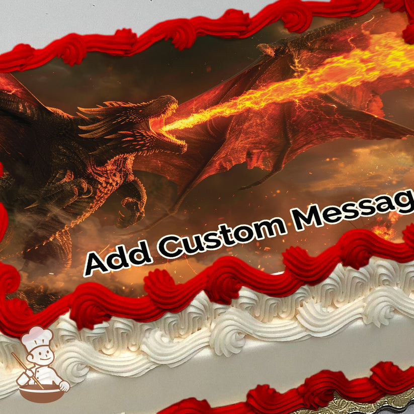 A fiery dragon breathing flames in a dark, smoky sky with glowing embers. The image is printed on a photo sheet cake.