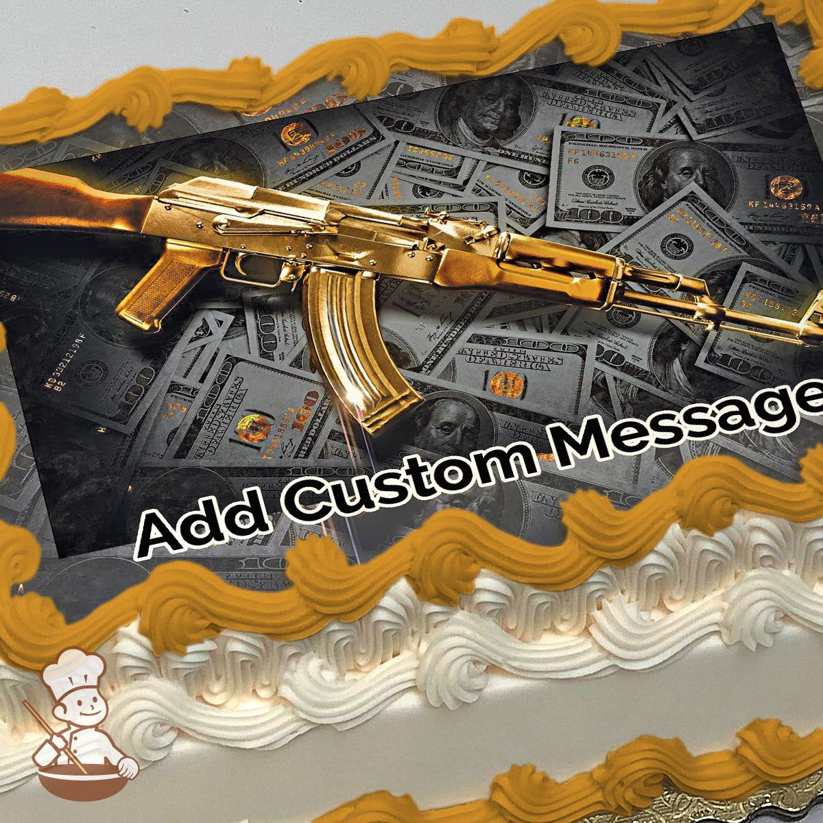 A golden rifle is displayed on a background of scattered U.S. hundred-dollar bills. The image is printed on a photo sheet cake.