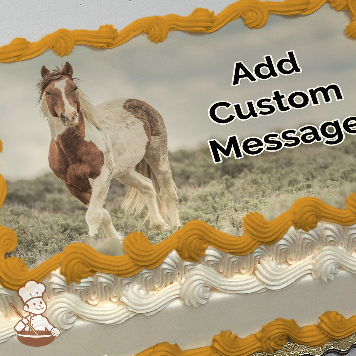 A photo of a brown and white horse standing in a grassy field under a cloudy sky, printed on a photo sheet cake.
