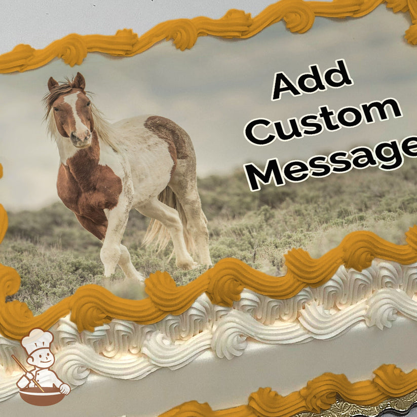 A photo of a brown and white horse standing in a grassy field under a cloudy sky, printed on a photo sheet cake.