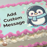 A cartoon penguin wearing a blue scarf stands on snow with pink hearts and snowflakes on a light blue background, printed on a photo sheet cake.