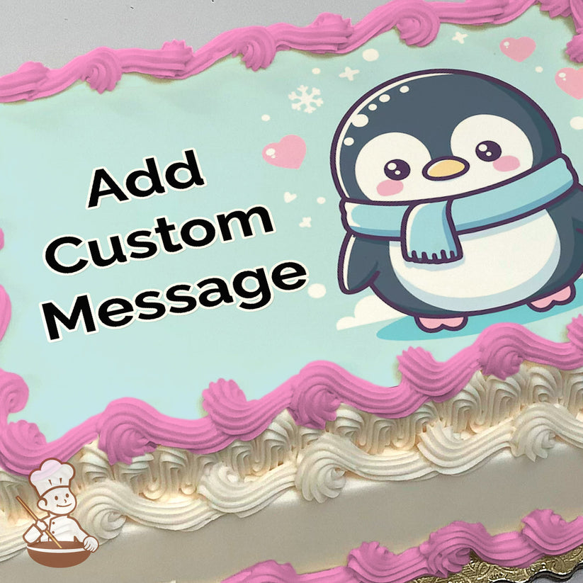 A cartoon penguin wearing a blue scarf stands on snow with pink hearts and snowflakes on a light blue background, printed on a photo sheet cake.