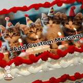 Four kittens wearing colorful party hats sit behind a small birthday cake with lit candles. The background is softly blurred. Printed on a sheet cake.