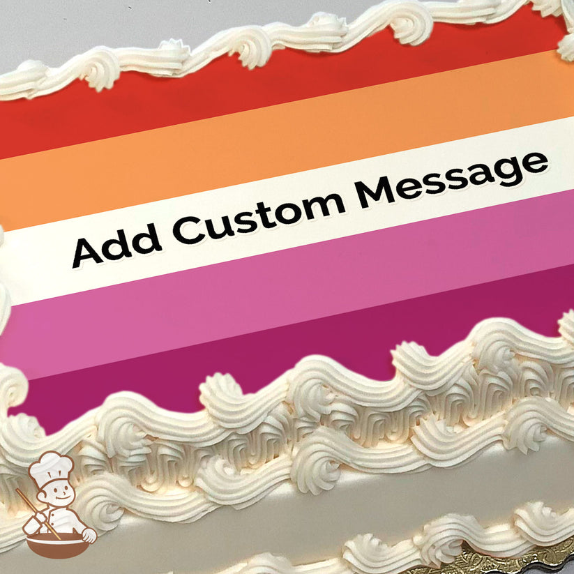 A gradient design with horizontal stripes in red, orange, white, pink, and magenta, printed on a photo sheet cake.