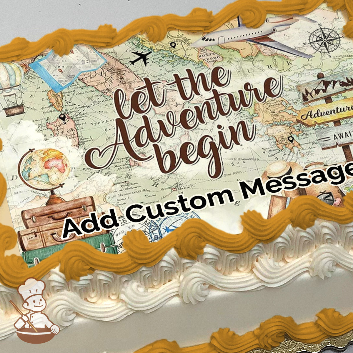 A vintage-style map with travel-themed illustrations, including a globe, suitcase, airplane, and compass, with the text "Let the Adventure Begin" printed on a sheet cake.