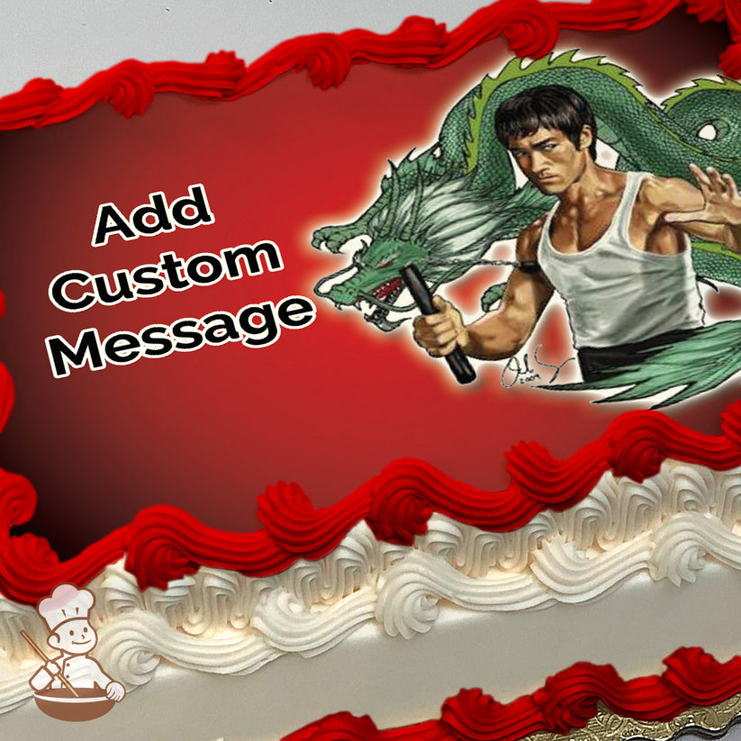 Illustration of a martial artist in a white tank top holding nunchaku, with a green dragon coiled behind him on a red gradient background, printed on a photo sheet cake.