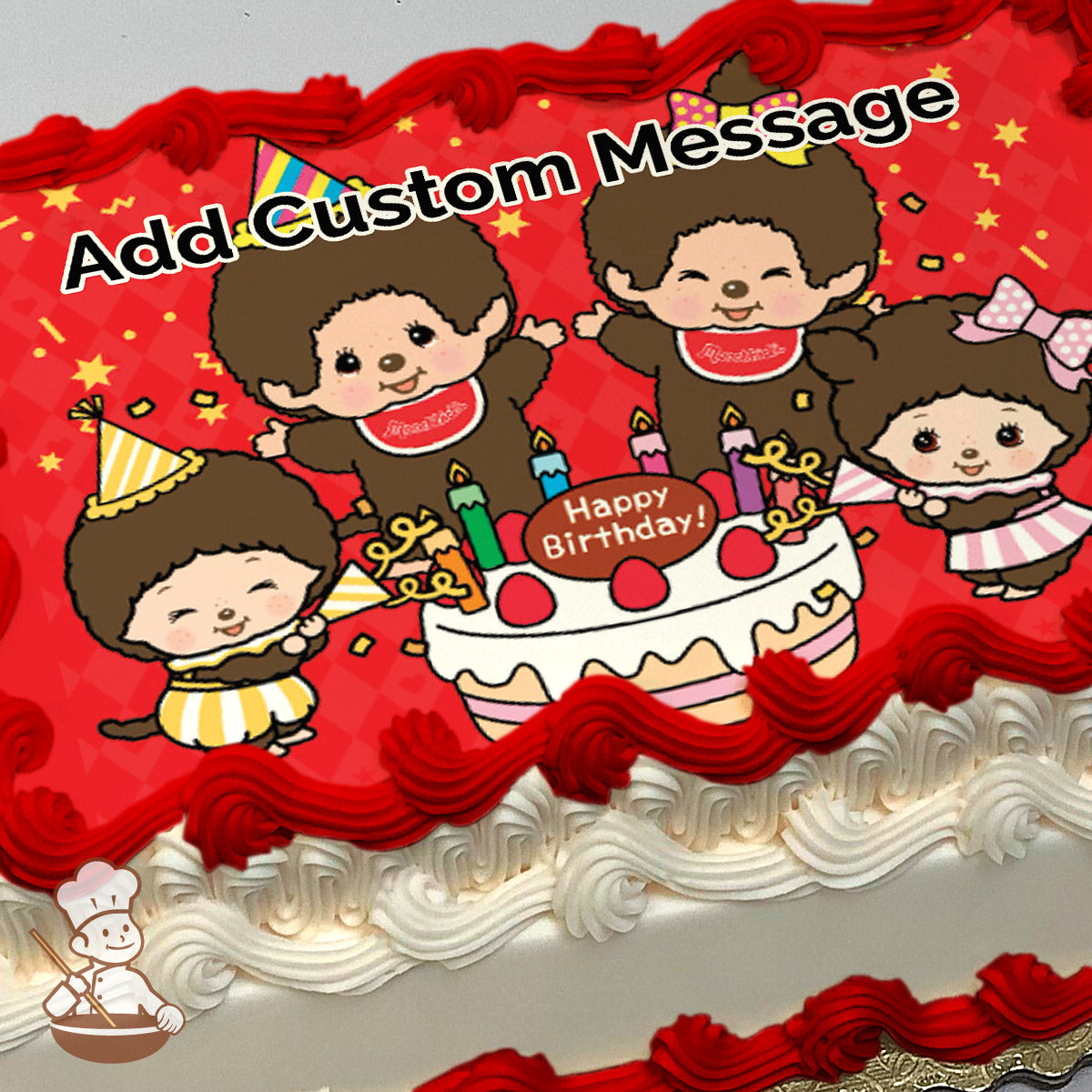 Cartoon illustration of four cheerful characters with monkey-like features wearing party hats around a birthday cake with candles. Red patterned background. Printed on a sheet cake.