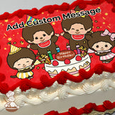 Cartoon illustration of four cheerful characters with monkey-like features wearing party hats around a birthday cake with candles. Red patterned background. Printed on a sheet cake.