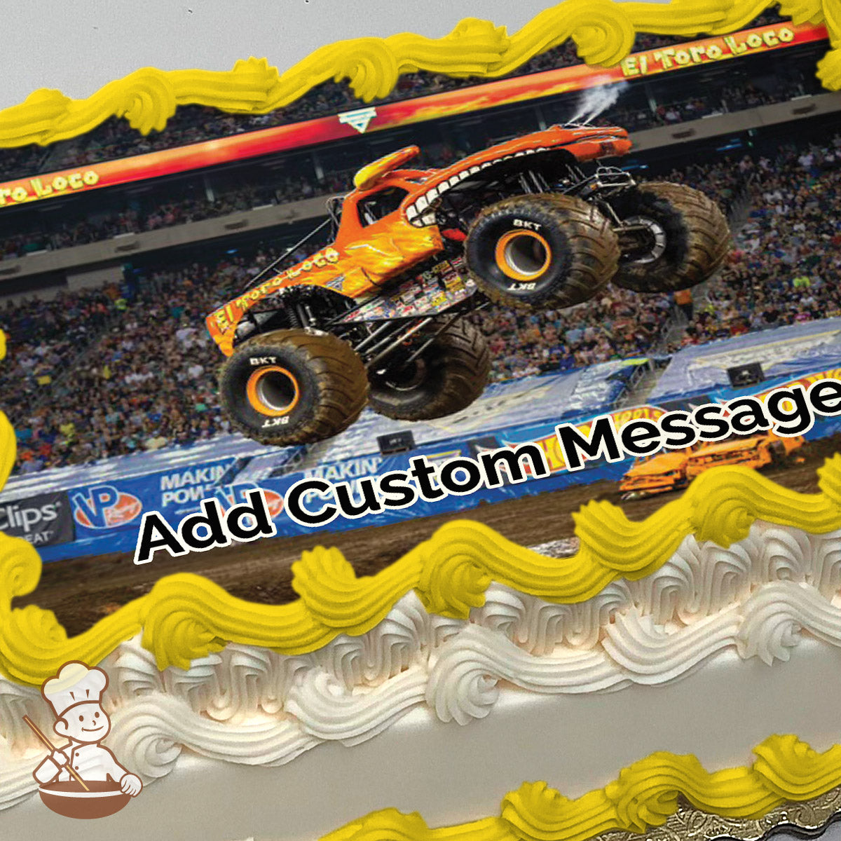 An orange monster truck, "El Toro Loco," jumps mid-air in a stadium filled with a cheering crowd. Printed on a photo sheet cake.