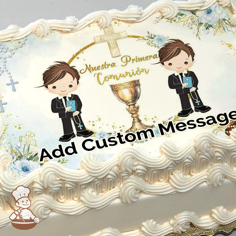 Two cartoon boys in suits holding rosaries stand beside a chalice and cross. The background features floral patterns. Printed on a sheet cake.