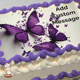 Purple butterflies in flight with smaller butterflies around them on a white background. Image printed on a sheet cake.