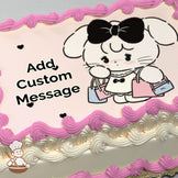A cartoon bunny with a black bow, holding pink and blue shopping bags, on a light pink background with small black hearts, printed on a sheet cake.