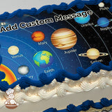Illustration of the solar system with labeled planets, including Earth, Mars, Jupiter, and Saturn, on a starry blue background, printed on a photo sheet cake.