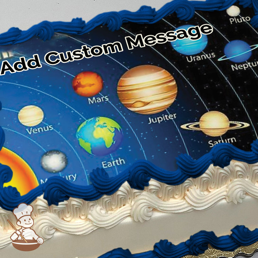Illustration of the solar system with labeled planets, including Earth, Mars, Jupiter, and Saturn, on a starry blue background, printed on a photo sheet cake.