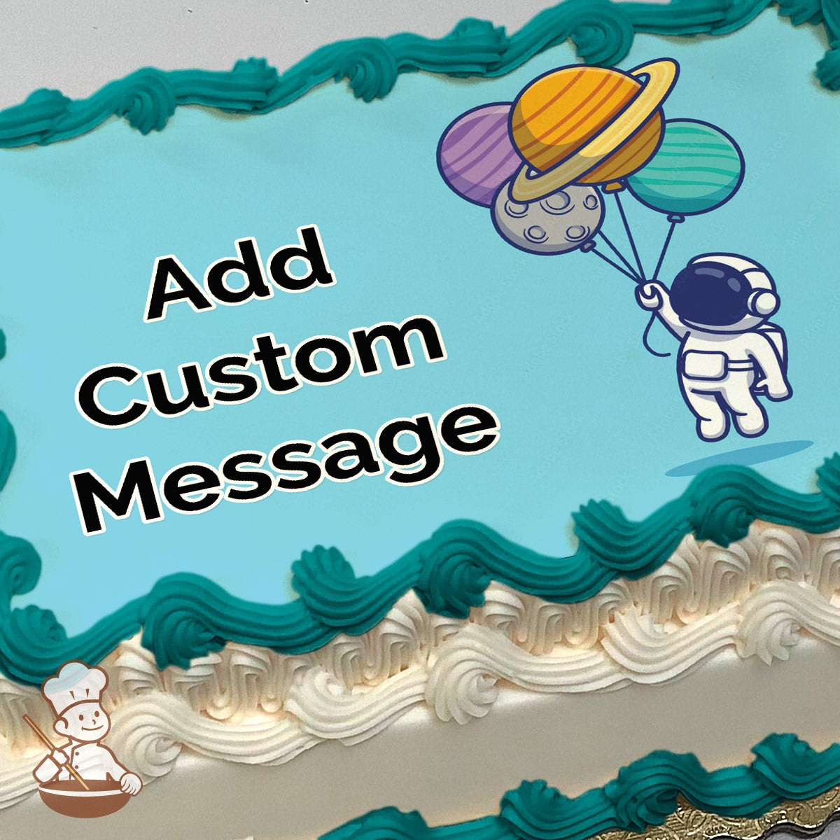 A cartoon astronaut holding planet-shaped balloons floats on a light blue background. The image is printed on a photo sheet cake.
