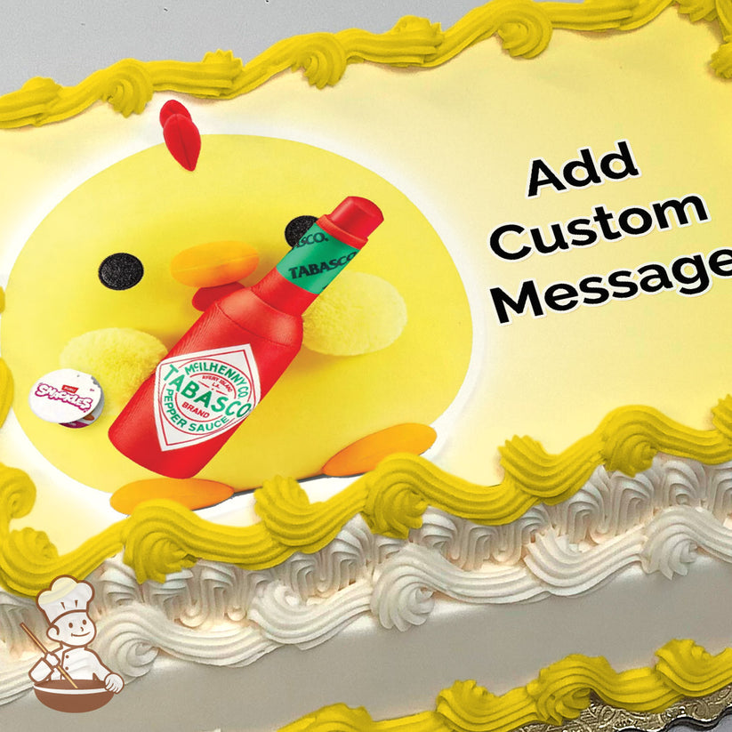 A cartoon yellow chick with a red Tabasco sauce bottle in front of it on a light yellow background, printed on a photo sheet cake.