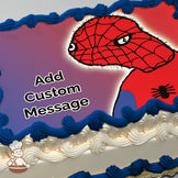 A cartoon illustration of a red and blue superhero with a spider emblem, featuring exaggerated features. The background is a gradient of purple and red. Printed on a photo sheet cake.