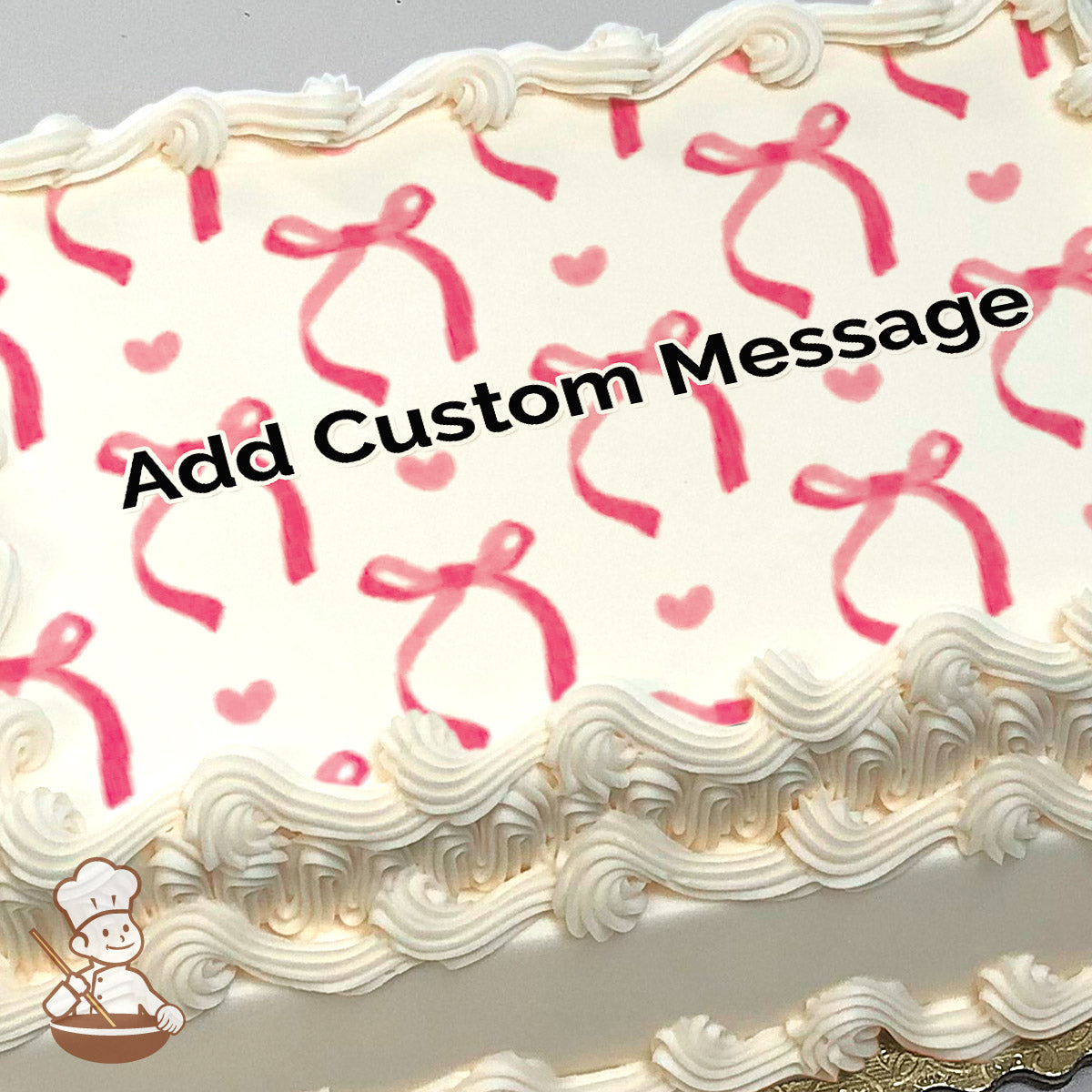 Pink bows and hearts pattern on a white background, printed on a photo sheet cake.