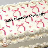 Pink bows and hearts pattern on a white background, printed on a photo sheet cake.