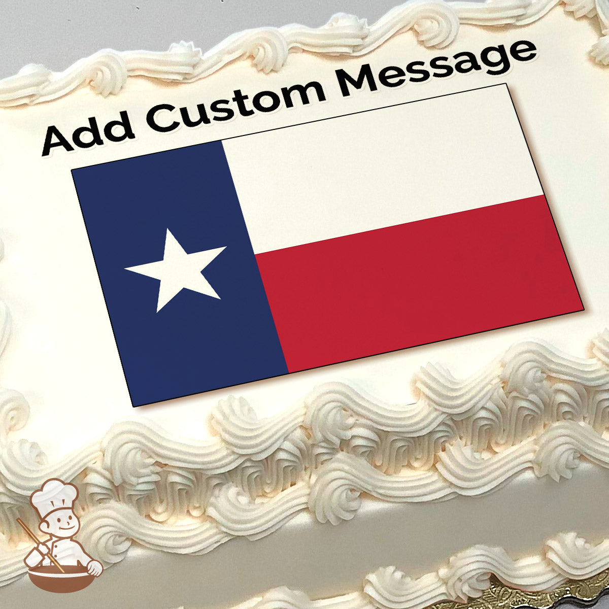 Texas flag with a blue vertical stripe, white star, and horizontal white and red stripes, printed on a photo sheet cake.